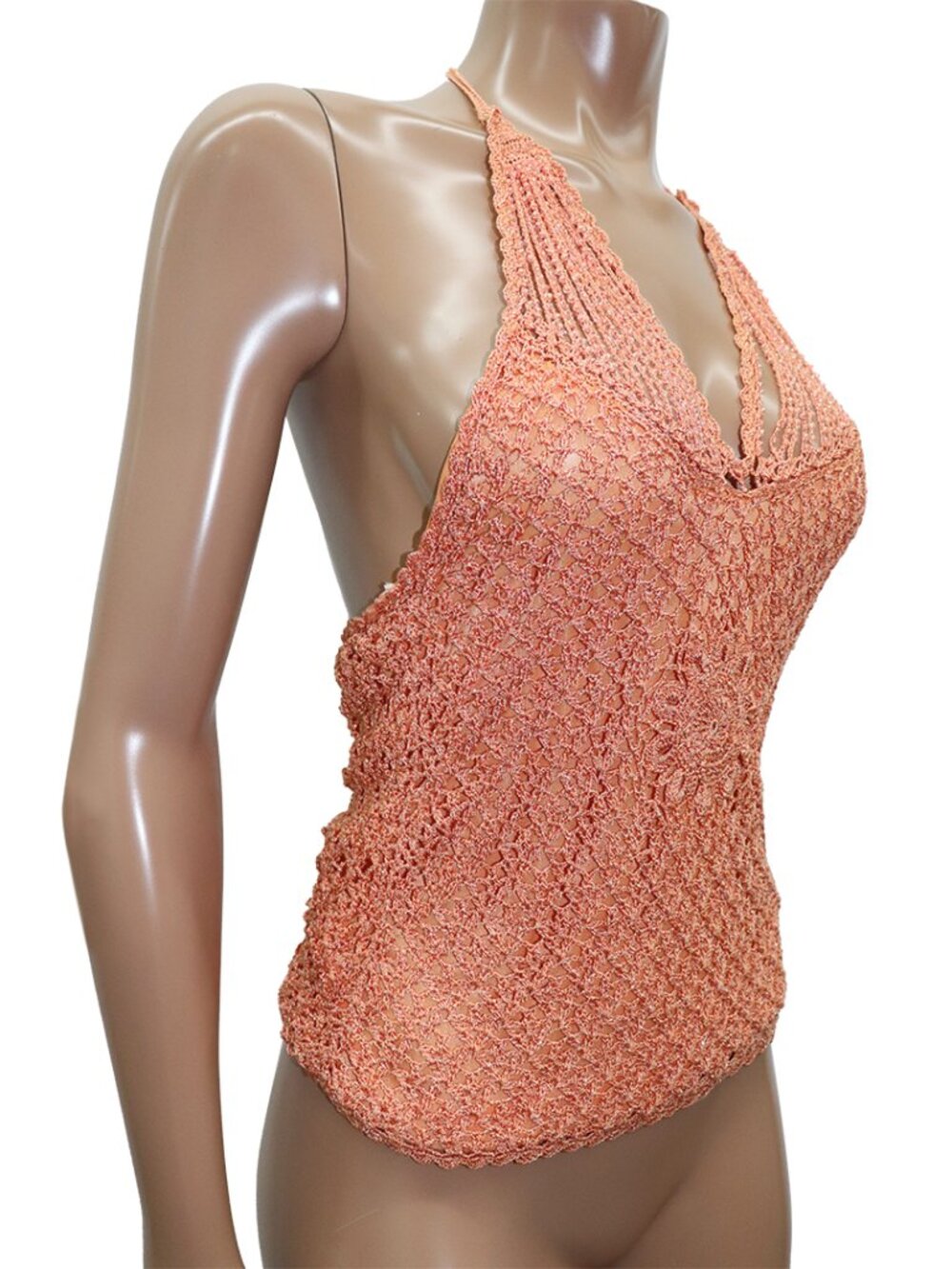 Y2K Peach Glass Beaded Crochet Halter Top M - Picture 5 of 6